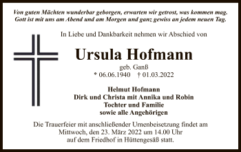 Traueranzeige von Ursula Hofmann von OF