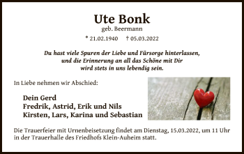 Traueranzeige von Ute Bonk von OF