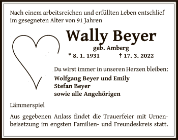 Traueranzeige von Wally Beyer von OF