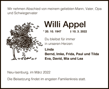 Traueranzeige von Willi Appel von OF