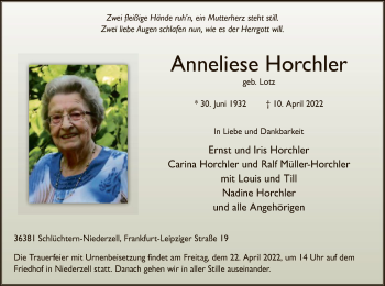 Traueranzeige von Anneliese Horchler von OF