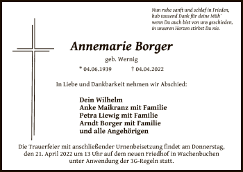 Traueranzeige von Annemarie Borger von OF