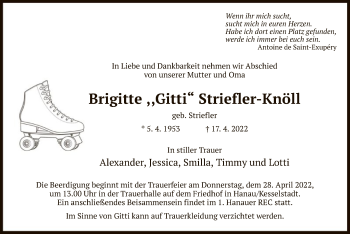 Traueranzeige von Brigitte  Striefler-Knöll von OF