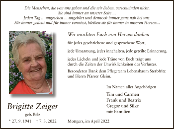 Traueranzeige von Brigitte Zeiger von OF