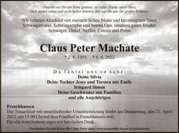 Traueranzeige von Claus Peter Machate von OF