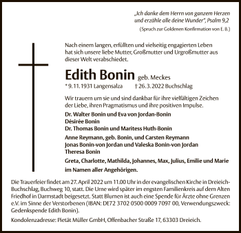 Traueranzeige von Edith Bonin von OF