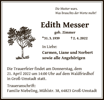 Traueranzeige von Edith Messer von OF