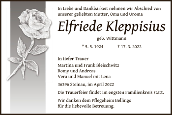 Traueranzeige von Elfriede Kleppisius von OF