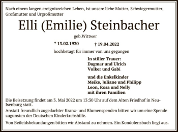 Traueranzeige von Elli Steinbacher von OF