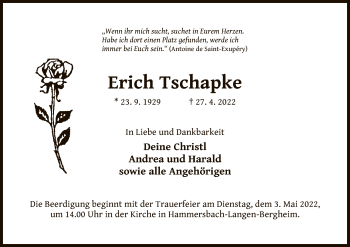 Traueranzeige von Erich Tschapke von OF