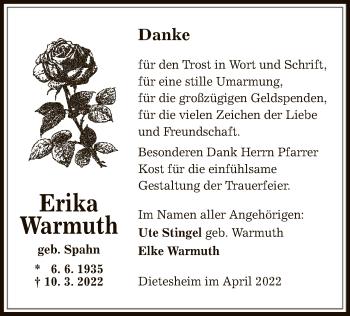 Traueranzeige von Erika Warmuth von OF