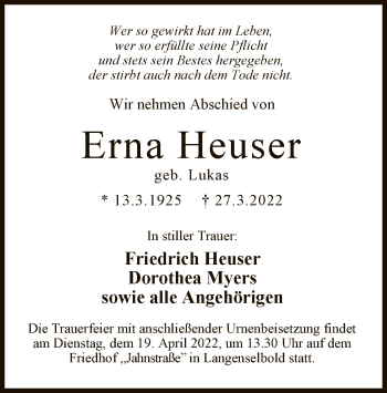 Traueranzeige von Erna Heuser von OF