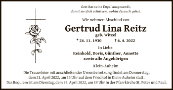 Traueranzeige von Gertrud Lina Reitz von OF