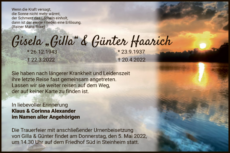  Traueranzeige für Gisela Haarich vom 30.04.2022 aus OF