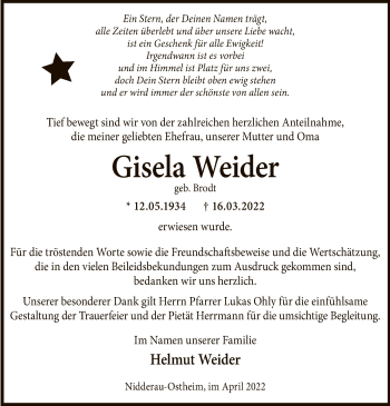 Traueranzeige von Gisela Weider von OF