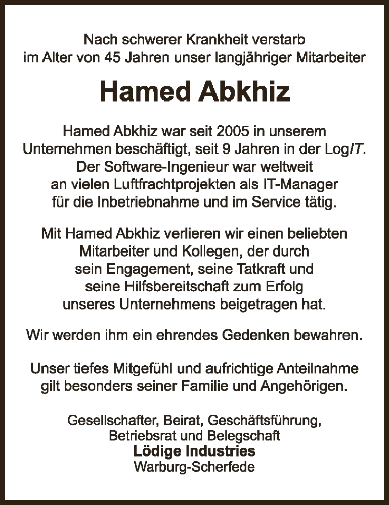  Traueranzeige für Hamed Abkhiz vom 28.04.2022 aus OF