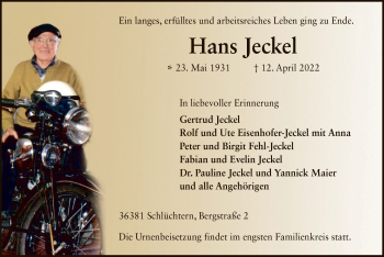 Traueranzeige von Hans Jeckel von OF