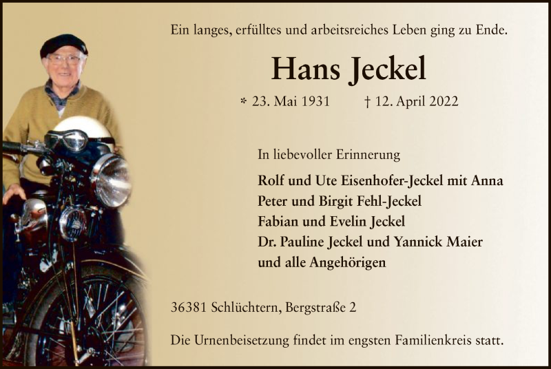  Traueranzeige für Hans Jeckel vom 21.04.2022 aus OF