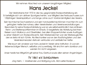 Traueranzeige von Hans Jeckel von OF