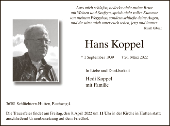 Traueranzeige von Hans Koppel von OF