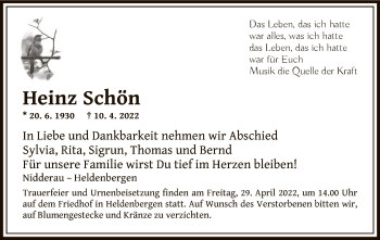 Traueranzeige von Heinz Schön von OF