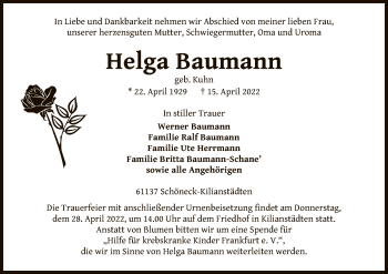 Traueranzeige von Helga Baumann von OF