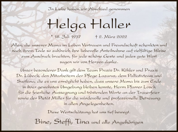 Traueranzeige von Helga Haller von OF