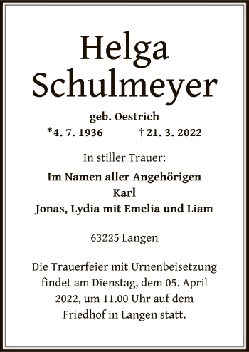 Traueranzeige von Helga Schulmeyer von OF