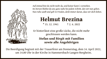 Traueranzeige von Helmut Brezina von OF