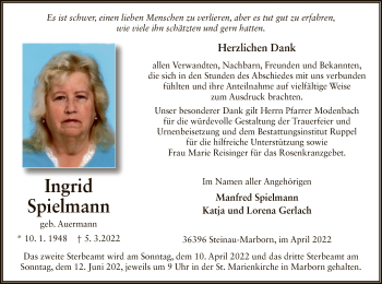 Traueranzeige von Ingrid Spielmann von OF