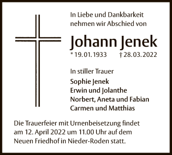 Traueranzeige von Johann Jenek von OF