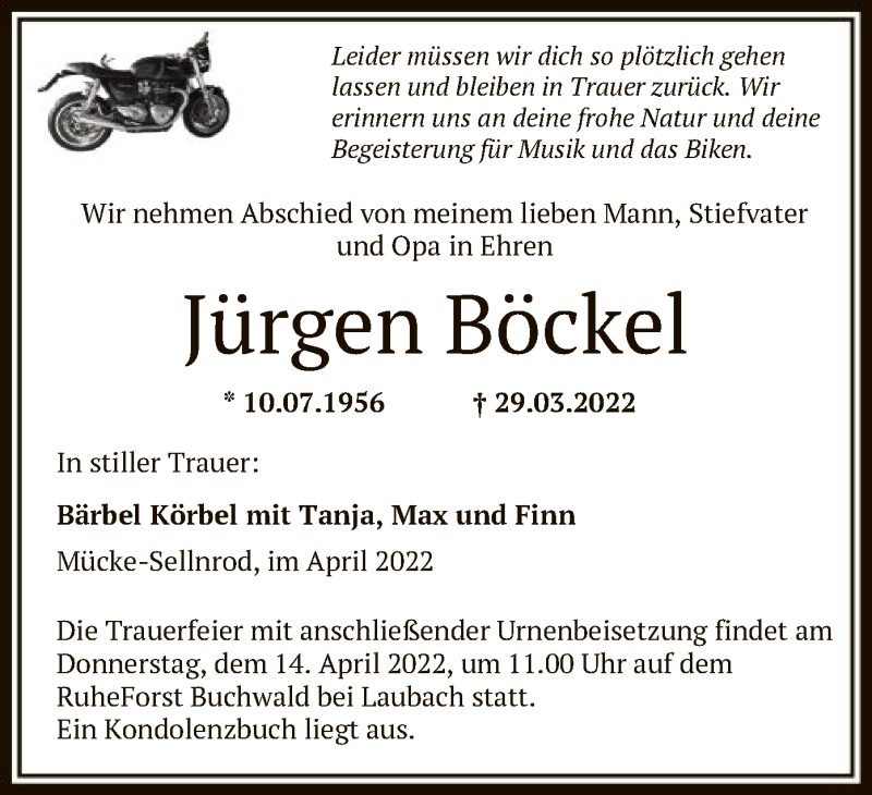  Traueranzeige für Jürgen Böckel vom 09.04.2022 aus OF