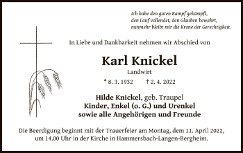 Traueranzeige von Karl Knickel von OF