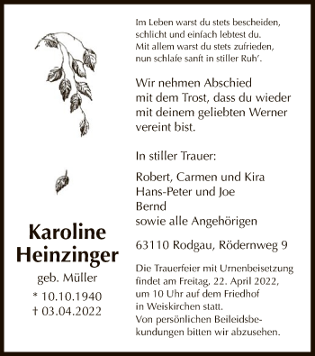 Traueranzeige von Karoline Heinzinger von OF