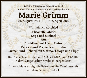 Traueranzeige von Marie Grimm von OF