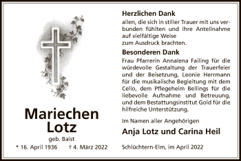 Traueranzeige von Mariechen Lotz von OF