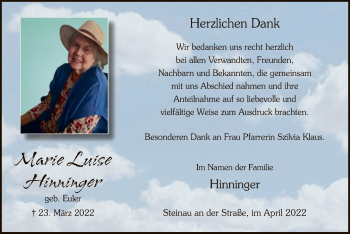 Traueranzeige von Marie Luise Hinninger  von OF