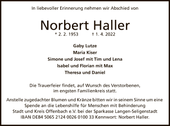 Traueranzeige von Norbert Haller von OF