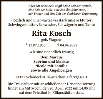 Traueranzeige von Rita Kosch von OF