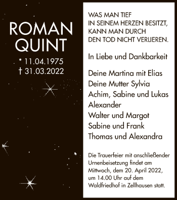 Traueranzeige von Roman Quint von OF