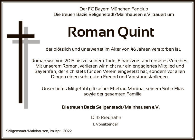  Traueranzeige für Roman Quint vom 06.04.2022 aus OF