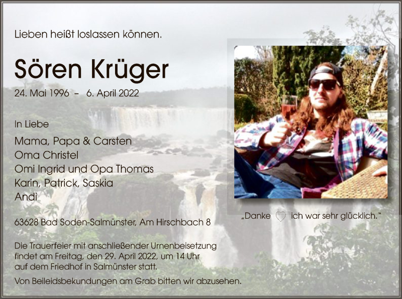  Traueranzeige für Sören Krüger vom 21.04.2022 aus OF