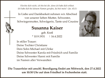 Traueranzeige von Susanna Kaiser von OF