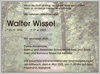 Traueranzeige von Walter Wissel von OF