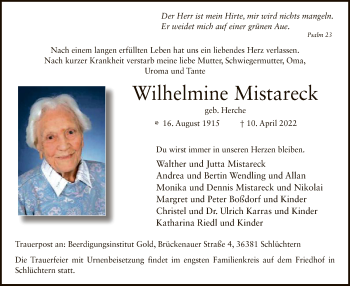 Traueranzeige von Wilhelmine Mistareck von OF