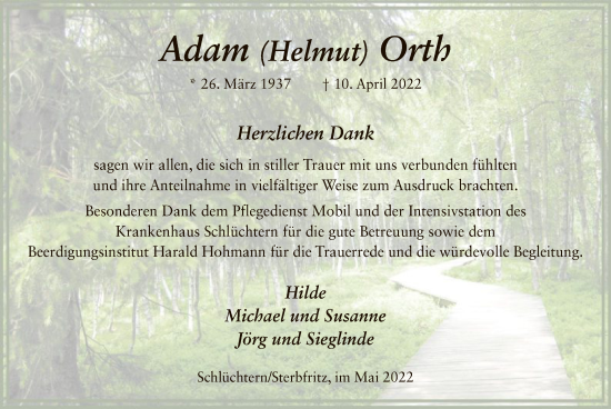 Traueranzeige von Adam Orth von OF