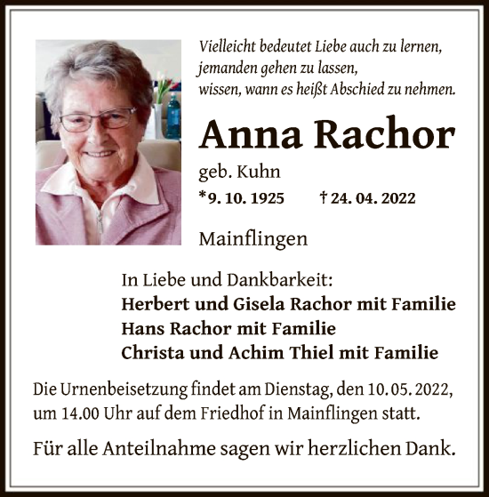 Traueranzeige von Anna Rachor von OF