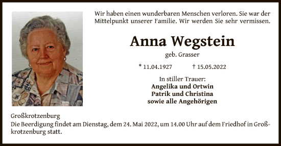 Traueranzeige von Anna Wegstein von OF