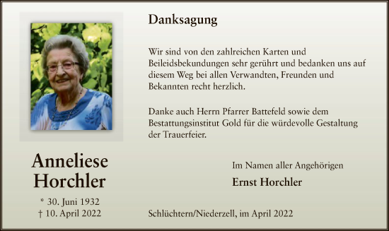 Traueranzeige von Anneliese Horchler von OF