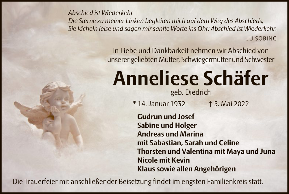  Traueranzeige für Anneliese Schäfer vom 07.05.2022 aus OF